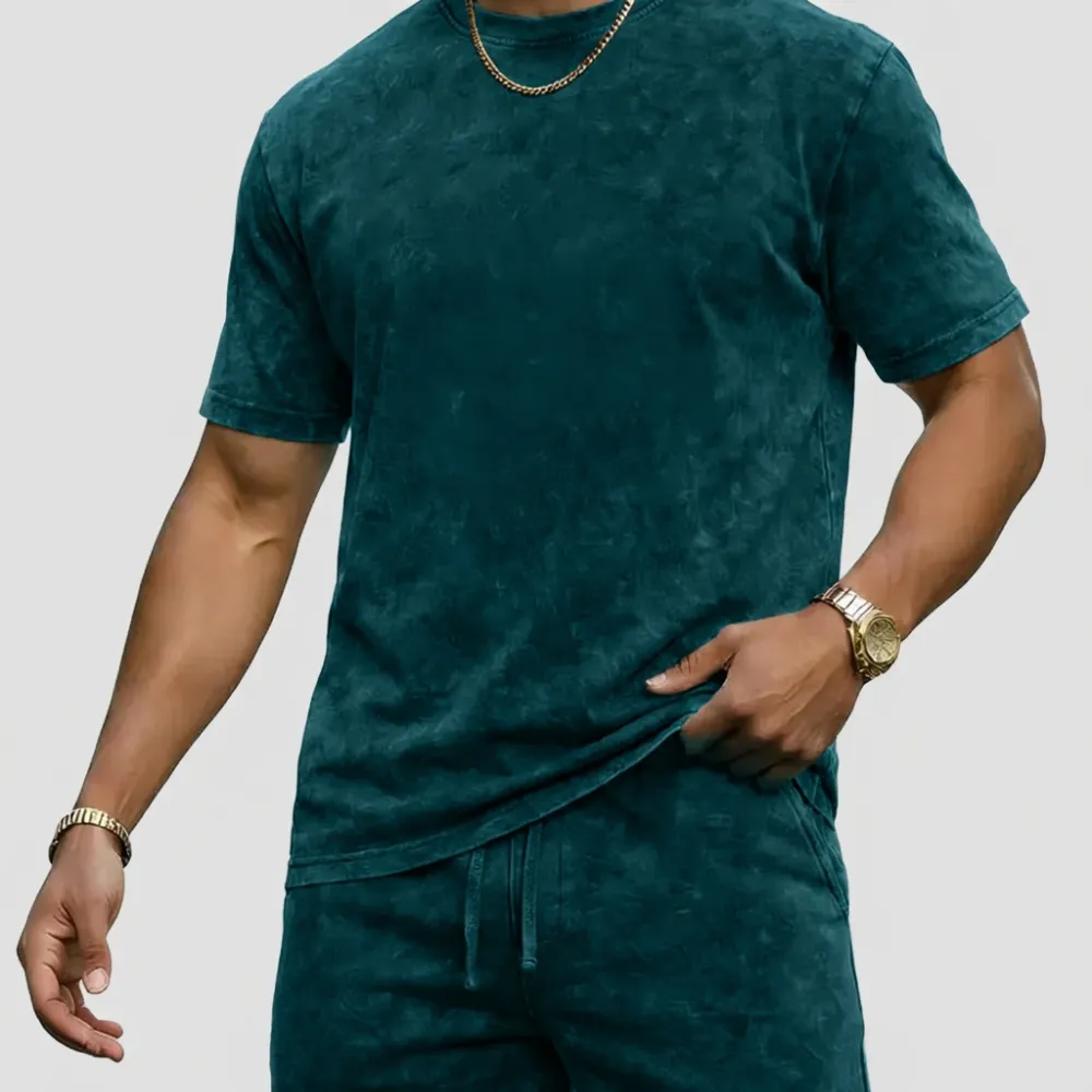 Men's vintage-wash short-sleeve crew-neck T-shirt and drawstring-waist casual shorts