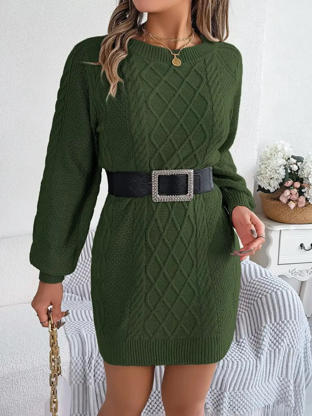 Polished Detail Knit Long Sleeve Sweater Dress