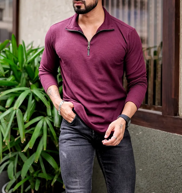 Maroon V-Neck Henley Style Casual Shirt