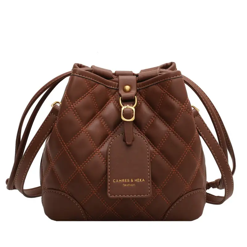 Korean-Inspired Rhombus Pattern PU Bucket Bag Small Handbag