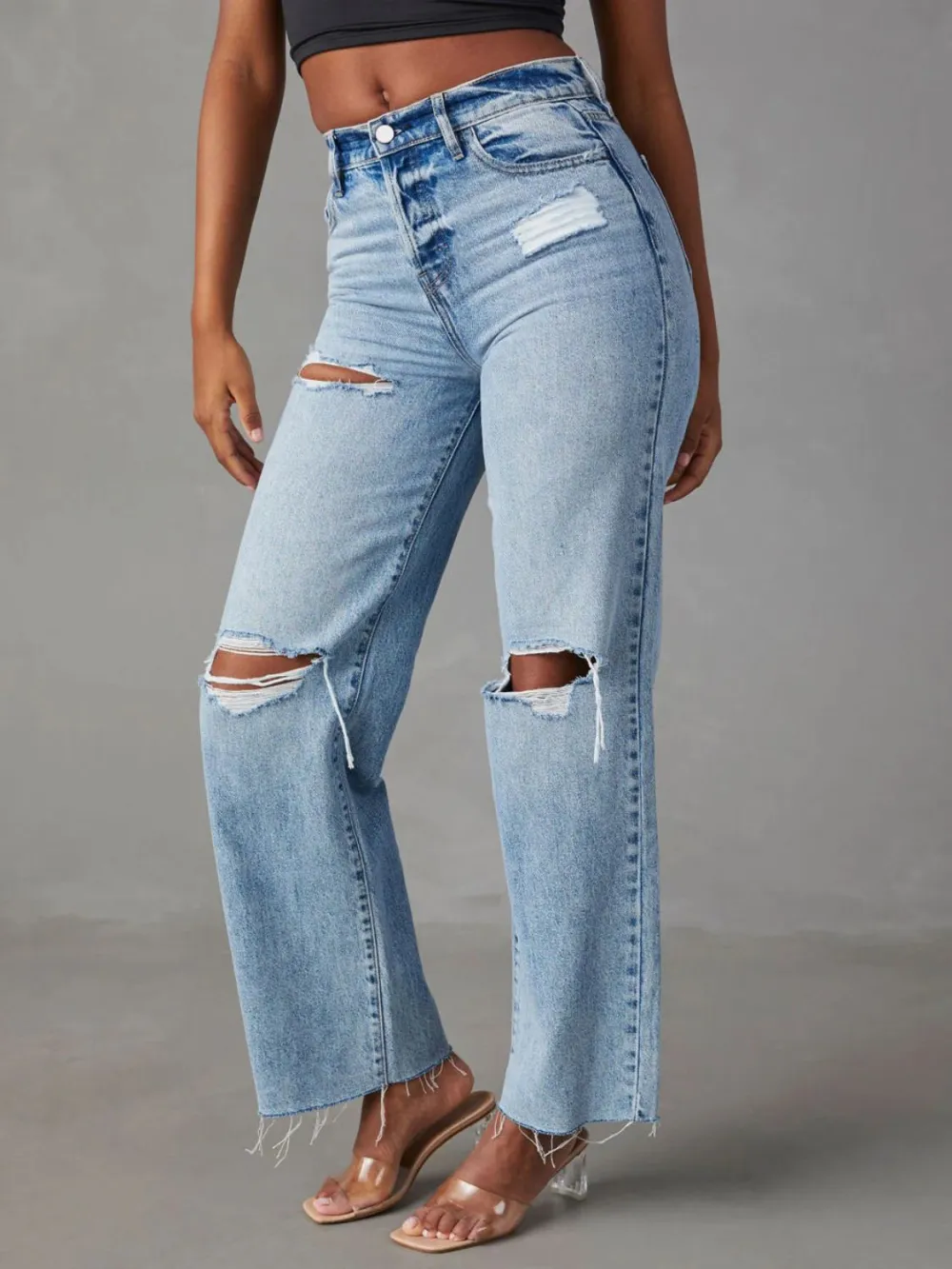 Distressed Washed Pocketed Stretch Straight Leg Jeans