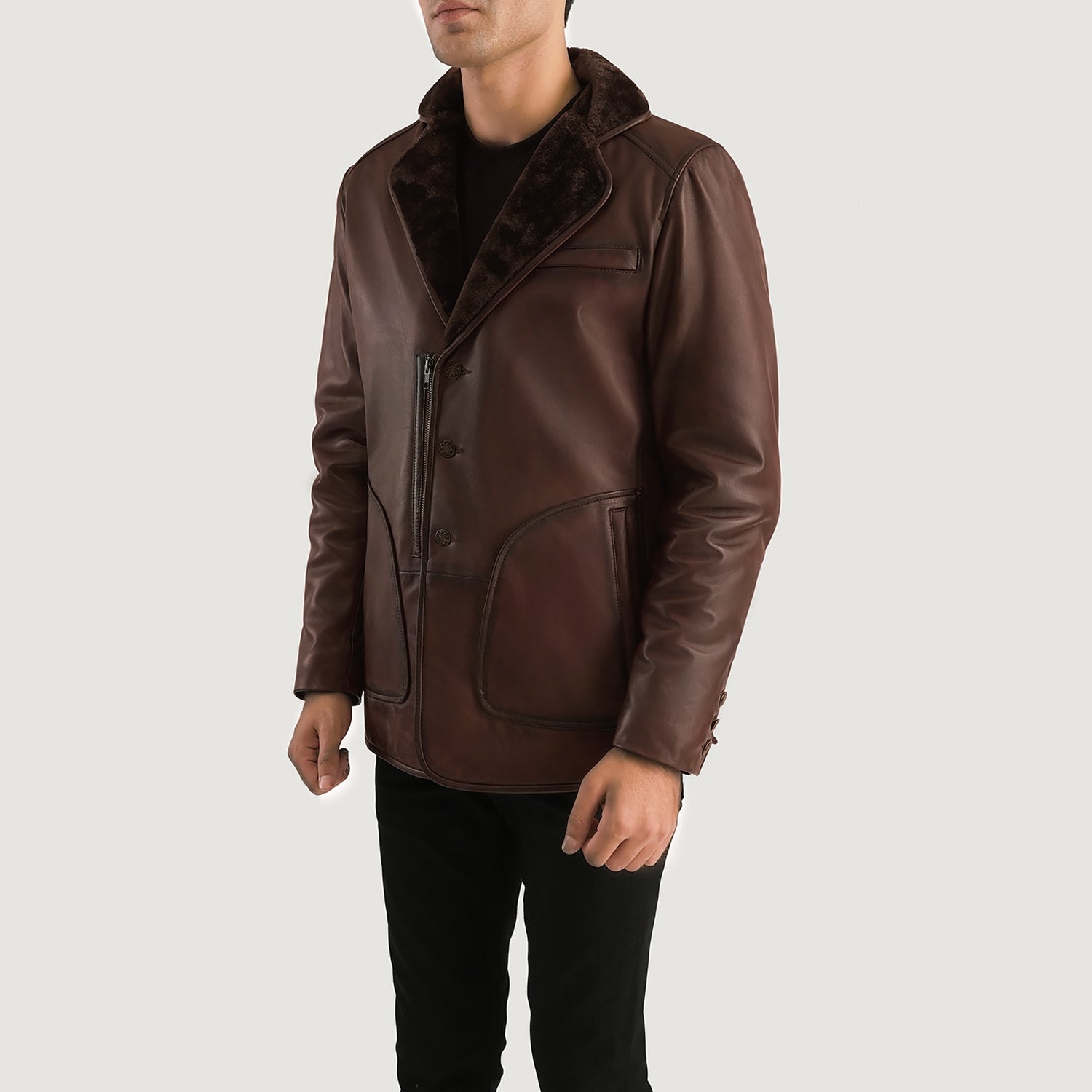 Men's Classic Leather Fur Trim Coat
