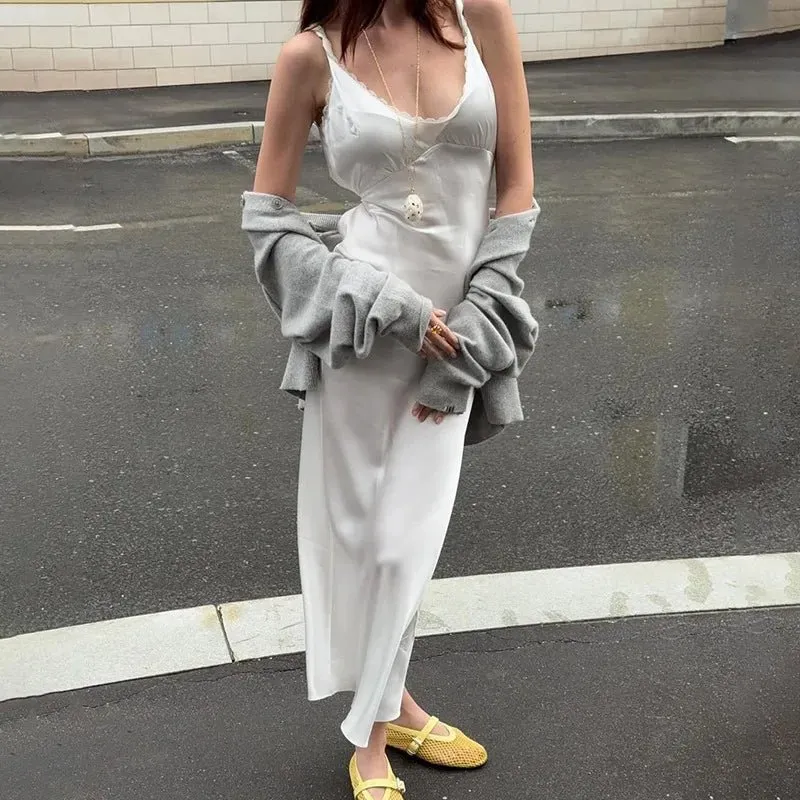 Plunge-Neck Satin Midi Dress