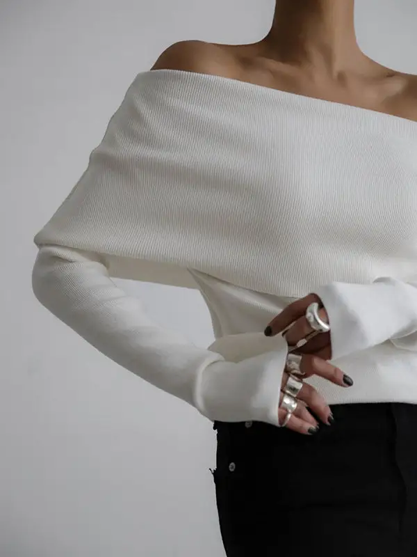 Off Shoulder Long Sleeve Relaxed Fit Pullover Sweater