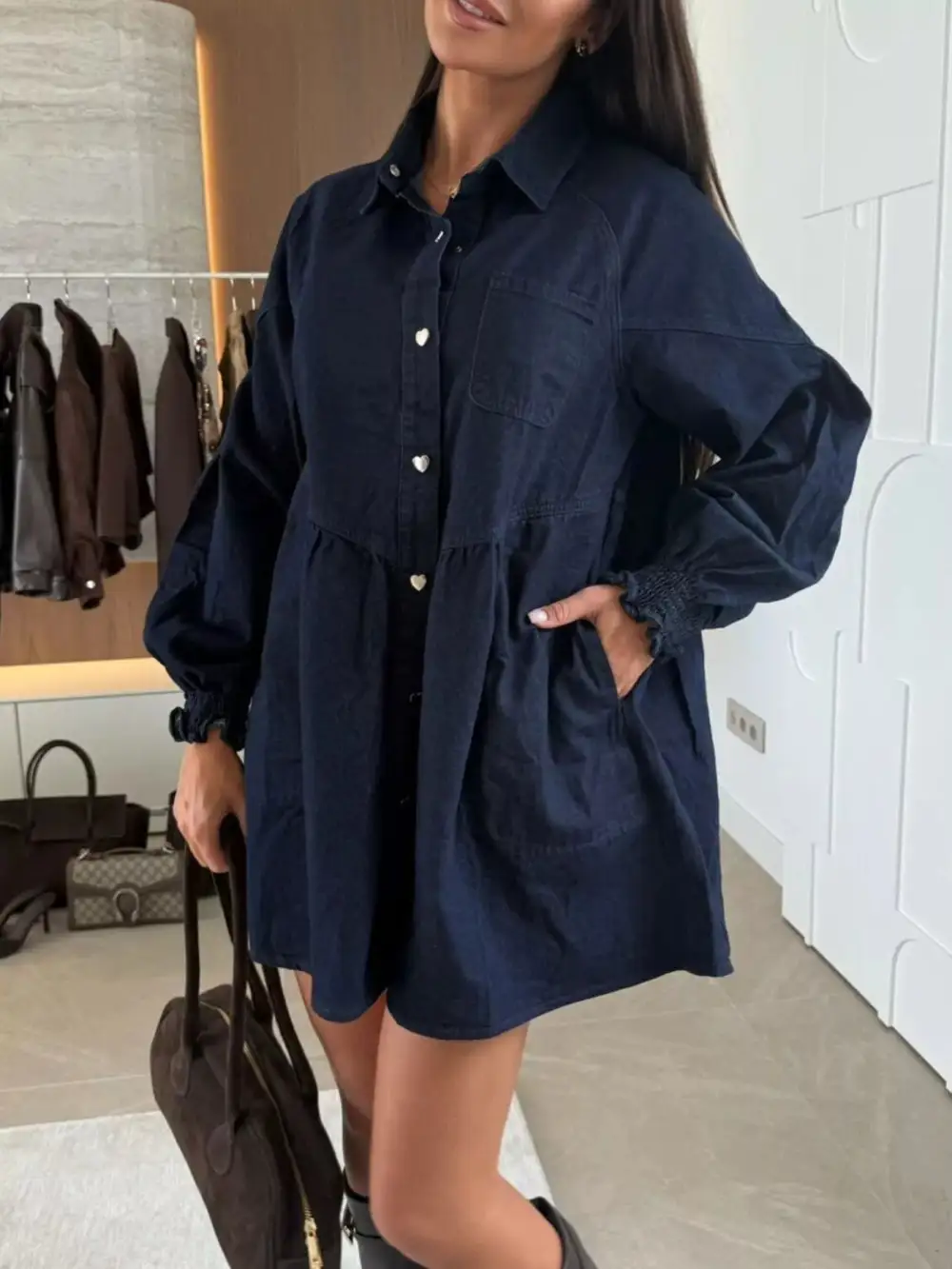 Denim Button Front Pocketed Mini Dress