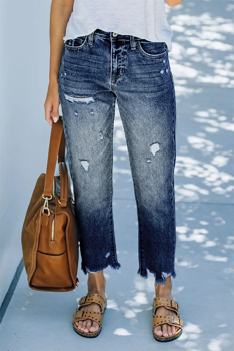 Ripped Raw Hem Zip Fly Jeans