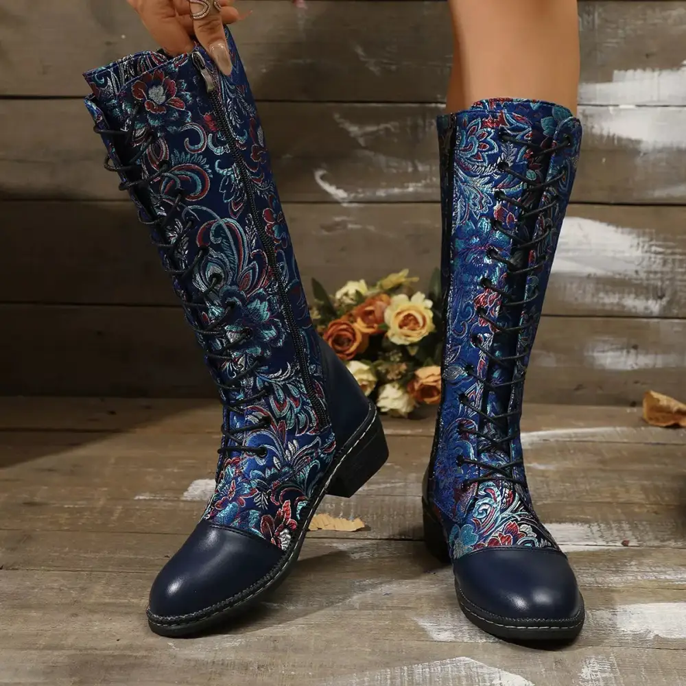 Embroidered Lace Up Block Heel Boots