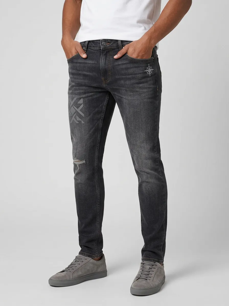Men's Compass Graphic Distressed Printed Slim-Fit Jeans
