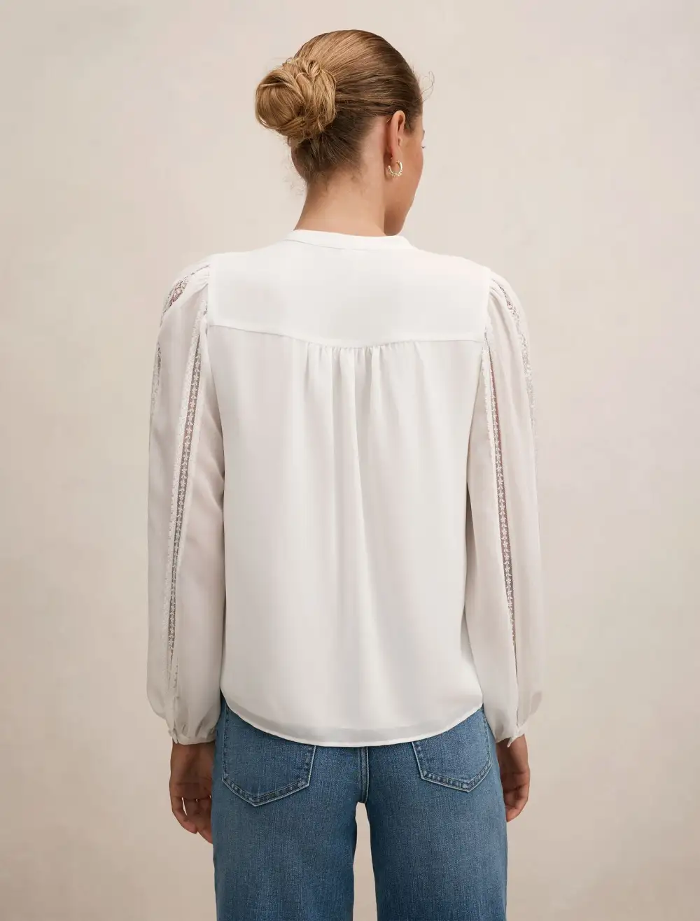 White Lace Trim Long Sleeve Button Blouse