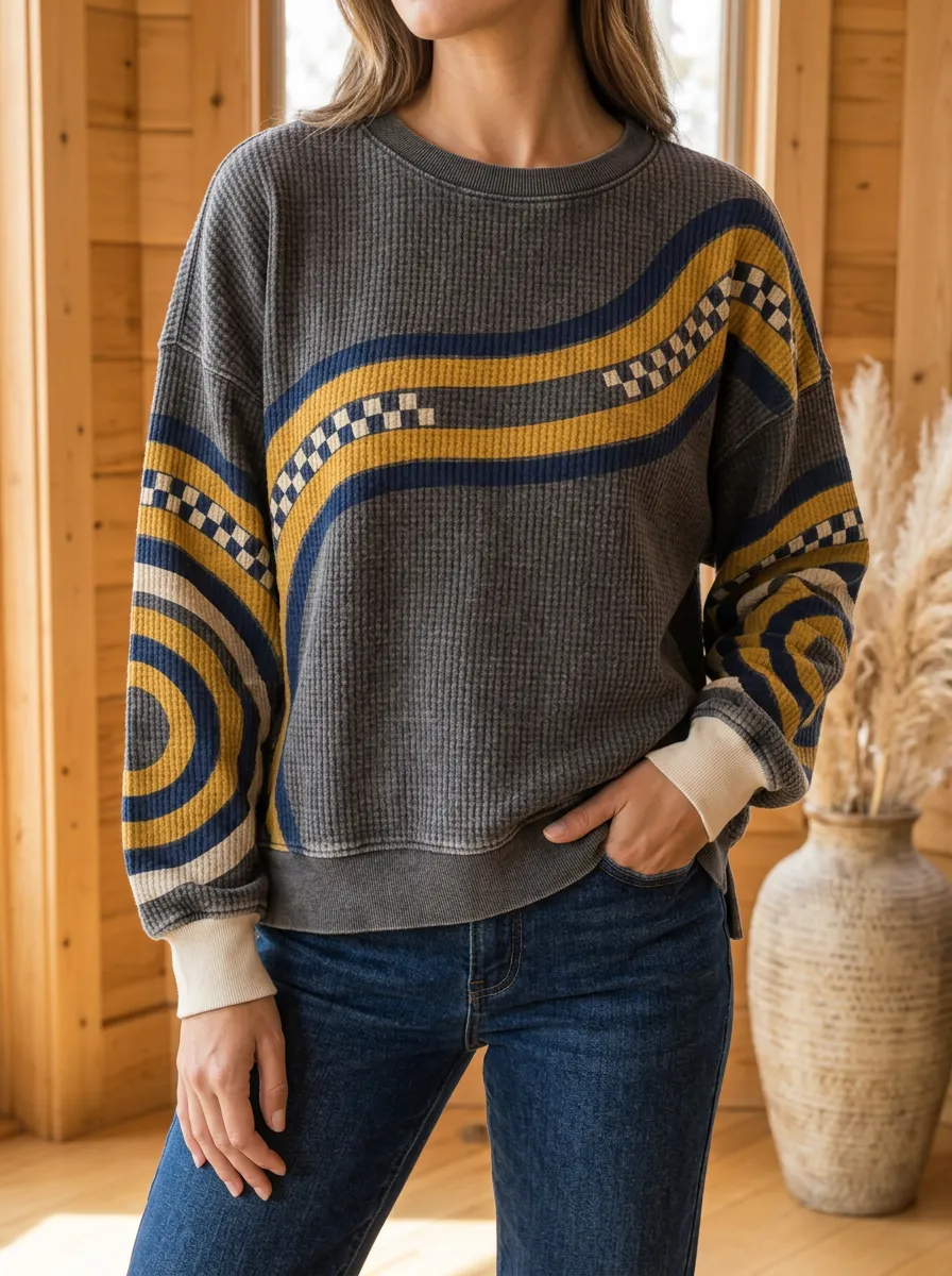 Women's Retro Geometric Checkered Waffle Knit Crewneck Sweatshirt