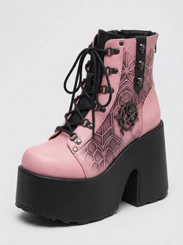 Dramatic Skull Rose Embossed Night Look Women's Gothic Platform Boots