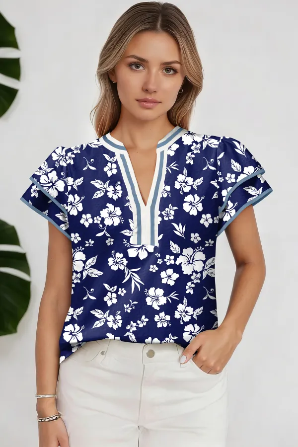 Blue Floral Print Contrast Trim Blouse