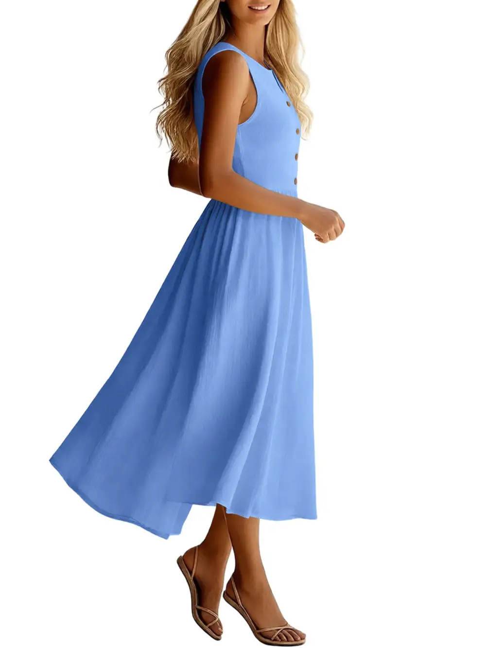 Sleeveless Button Front Flowy Midi Dress