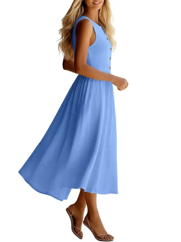 Sleeveless Button Front Flowy Midi Dress