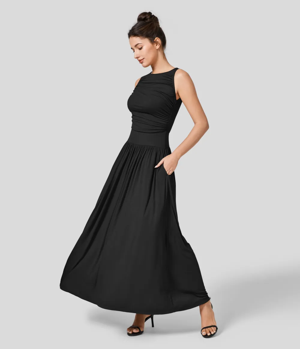 Ribbed Boat Neck Ruched Side Pocket Flowy Maxi Casual Dress
