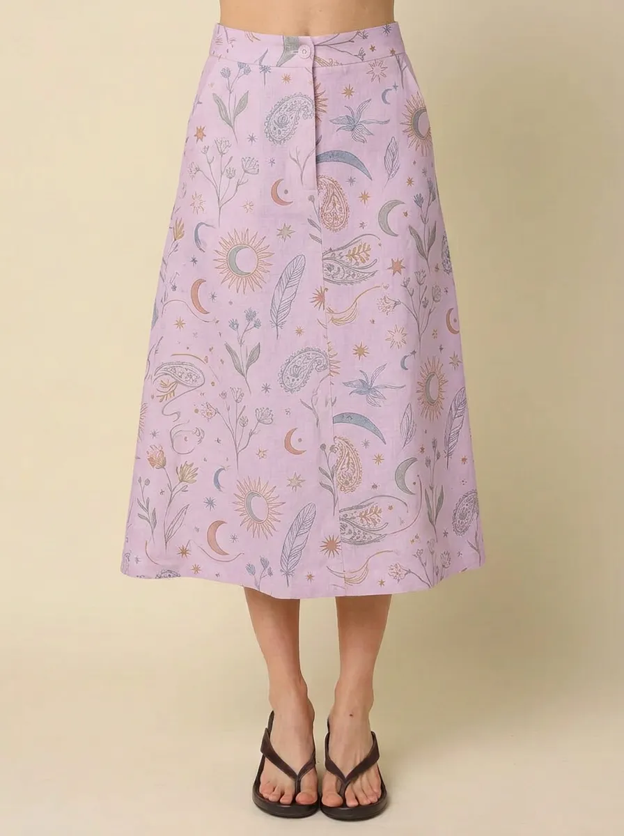 Women's Celestial Boho Sun Moon Floral Printed Midi Skirt