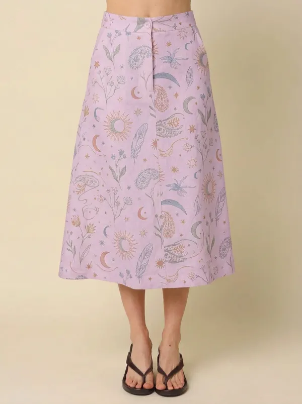 Women's Celestial Boho Sun Moon Floral Printed Midi Skirt