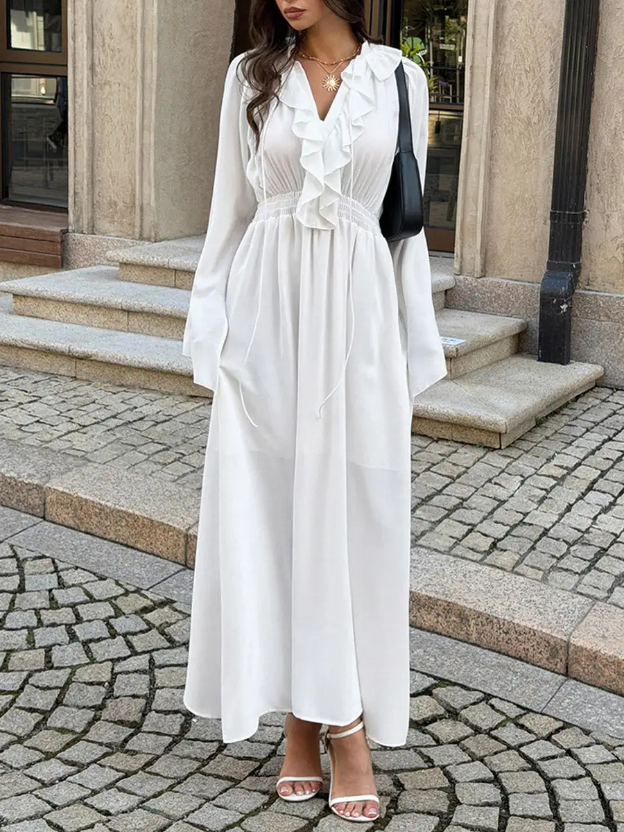 Pleated Ruffled Long Neck Maxi Dress