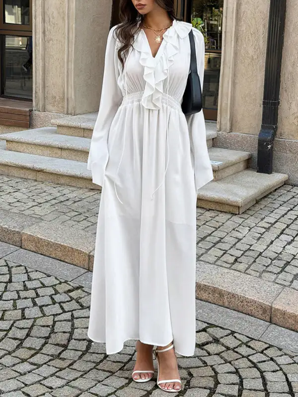 Pleated Ruffled Long Neck Maxi Dress