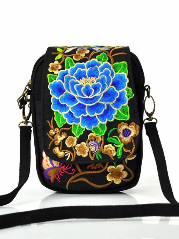 Embroidered Floral Canvas Shoulder Bag