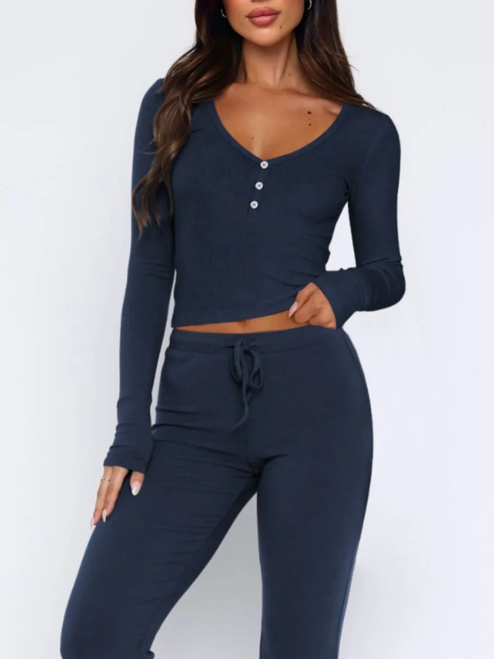 V-Neck Long Sleeve Top And Pants Set