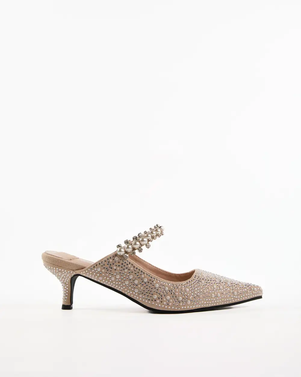 Rhinestone Strap Pearl Embellished Mules in Beige