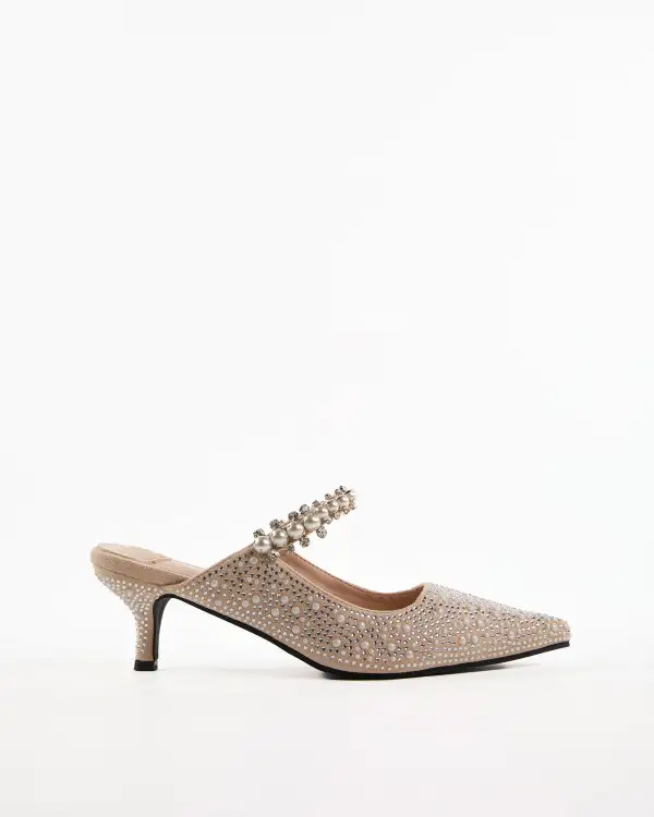 Rhinestone Strap Pearl Embellished Mules in Beige