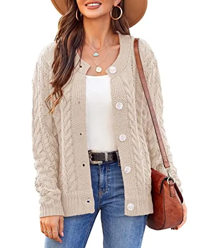 Women Loose Long Sleeve Crewneck Cable Knit Sweater Open Front Button Down Cardigan Soft Chunky Rid Outwear Coat