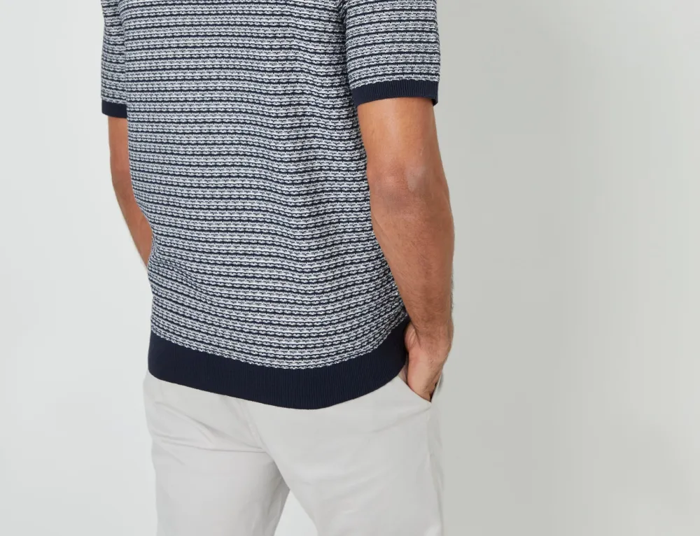 Men's Navy Textured Stripe Knit Open-Collar Polo