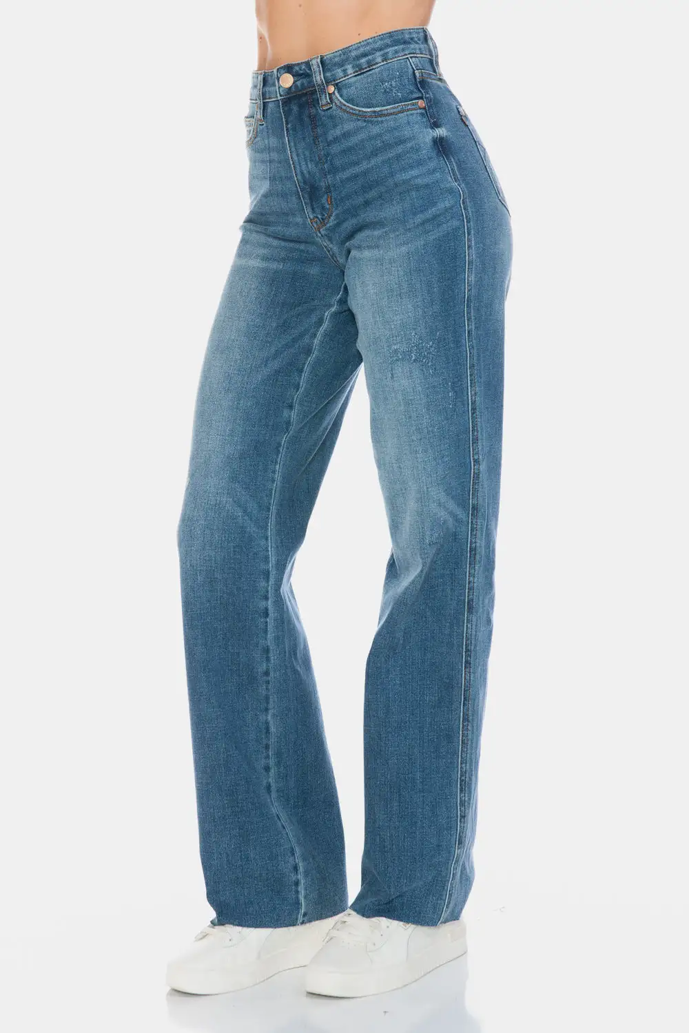 Tummy Control Cut Raw Hem Straight Denim Jeans