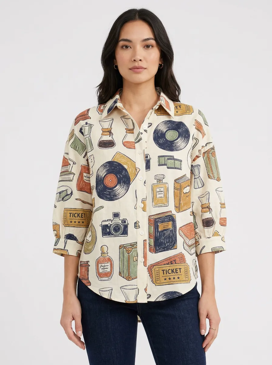Women's Vintage Hobby Lover Vinyl Camera Book Printed Shirt