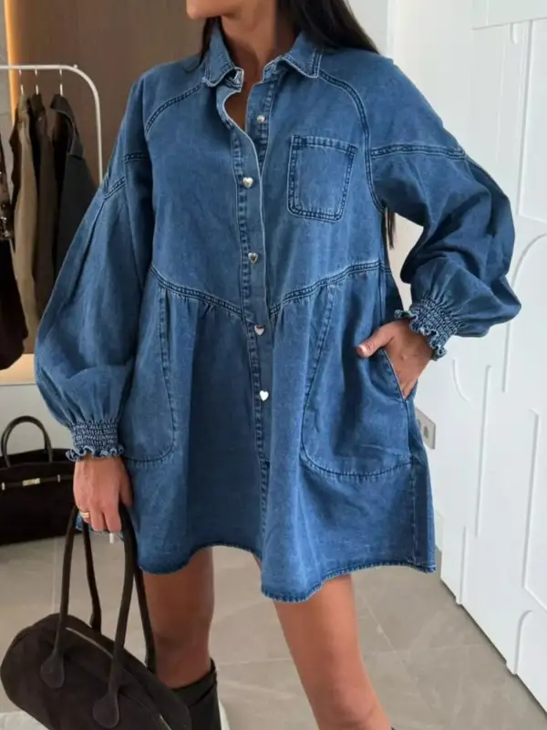 Denim Button Front Pocketed Mini Dress