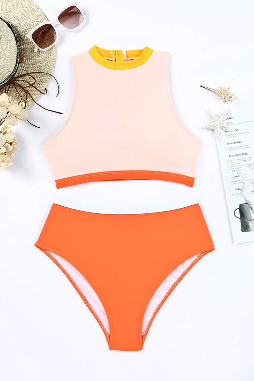 Swimwear Color Block Zipped Cut Out Bikini Swimwear