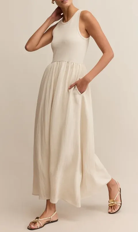 Women's White Sleeveless Pocket Midi Dress