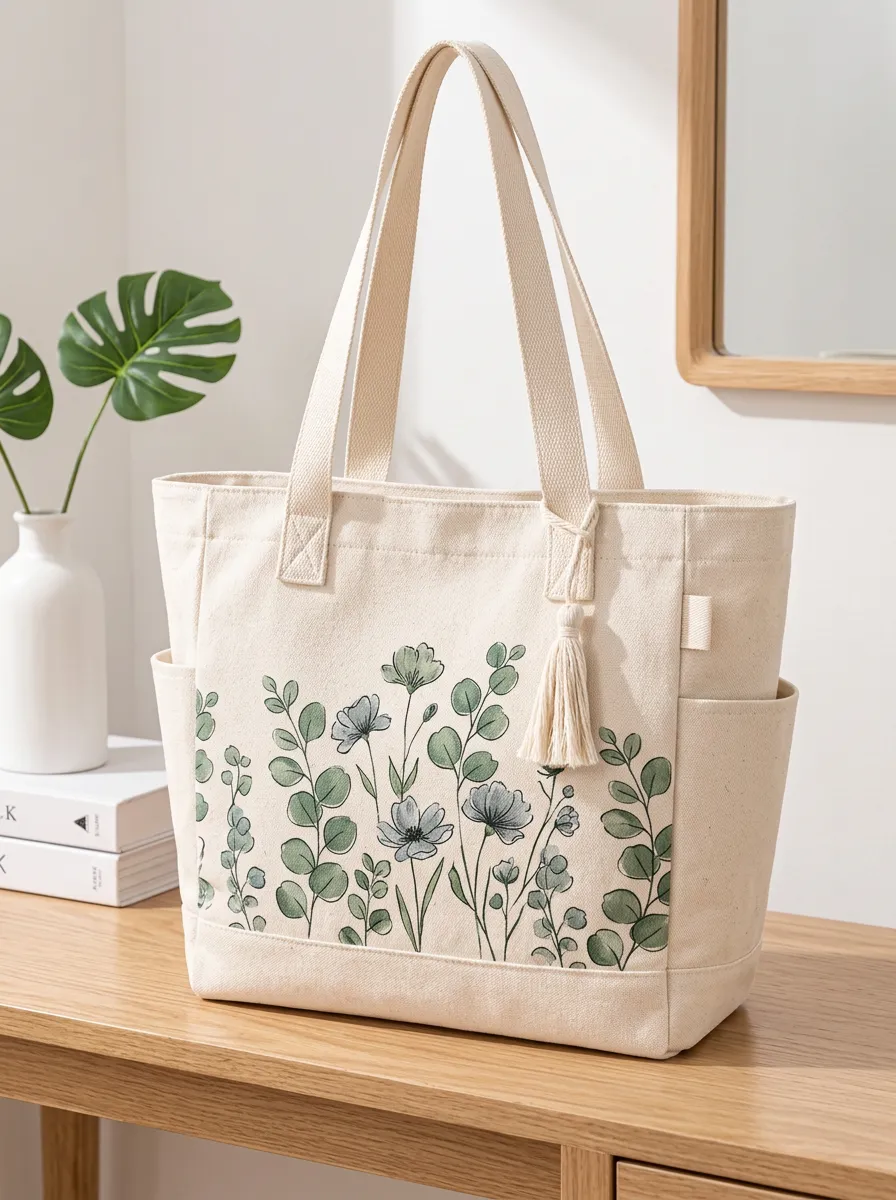 Women's Botanical Floral Eucalyptus Printed Canvas Shoulder Tote Bag