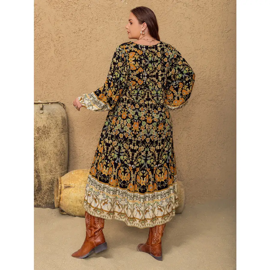 Plus Size V-Neck Balloon Sleeve Midi Dress