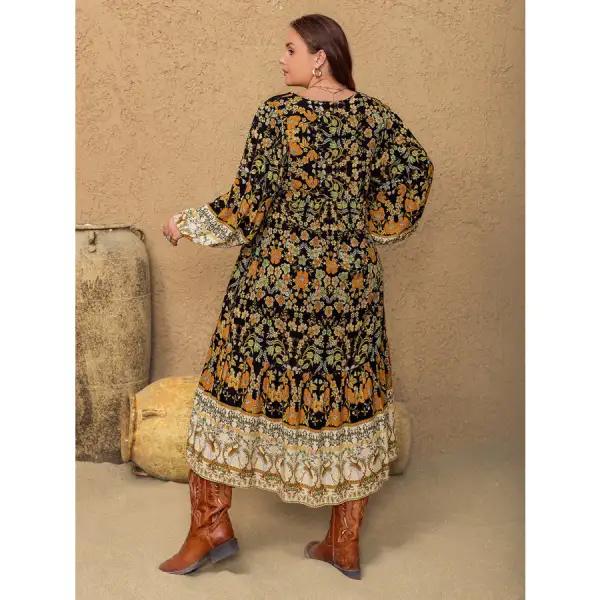 Plus Size V-Neck Balloon Sleeve Midi Dress
