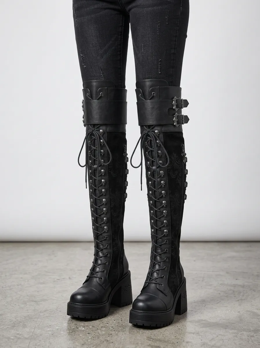 Gothic Revival Skull Lace Lace-Up Darkwear Style Women's Gothic Platform Boots