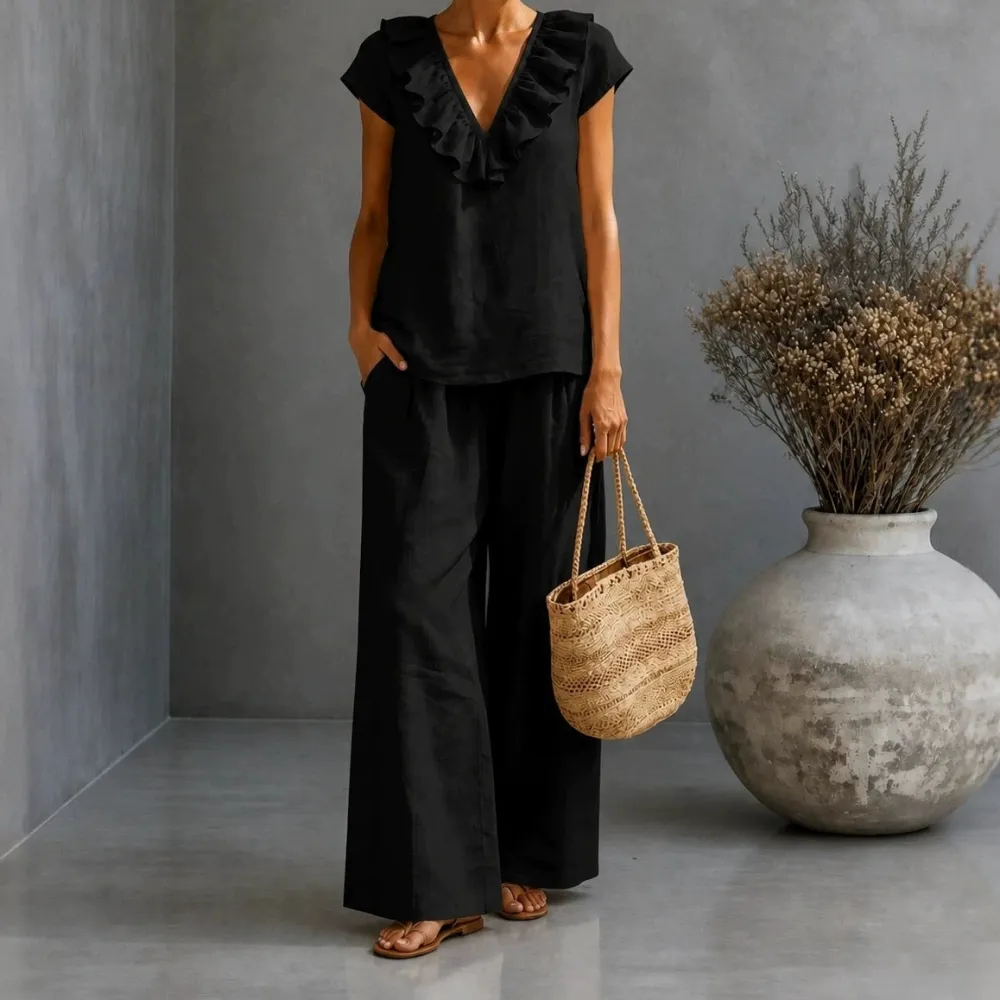 Wide-Leg Short-Sleeve V-Neck Women's Matching Set