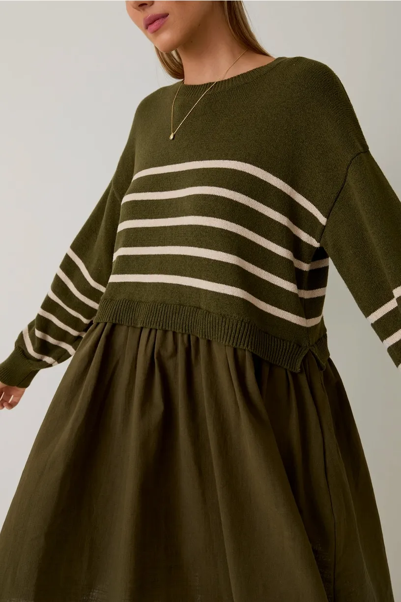 Olive Stripe Sweater Mix Mini Dress