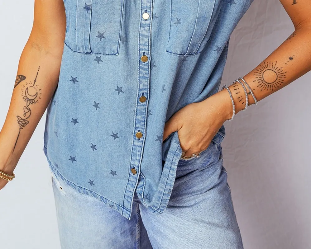 Double Chest Pocket Short-Sleeve Denim Shirt