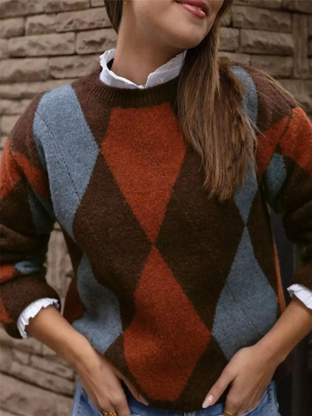 Vintage Argyle Round Neck Sweater