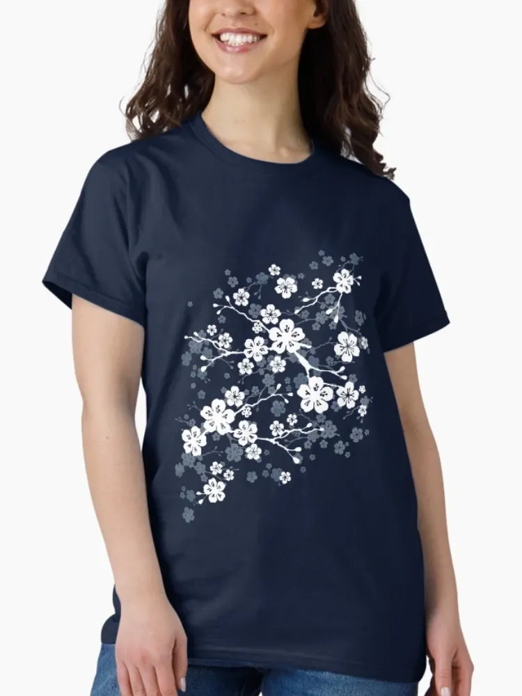 Lady's short-sleeved round-neck T-shirt with cherry blossom pattern