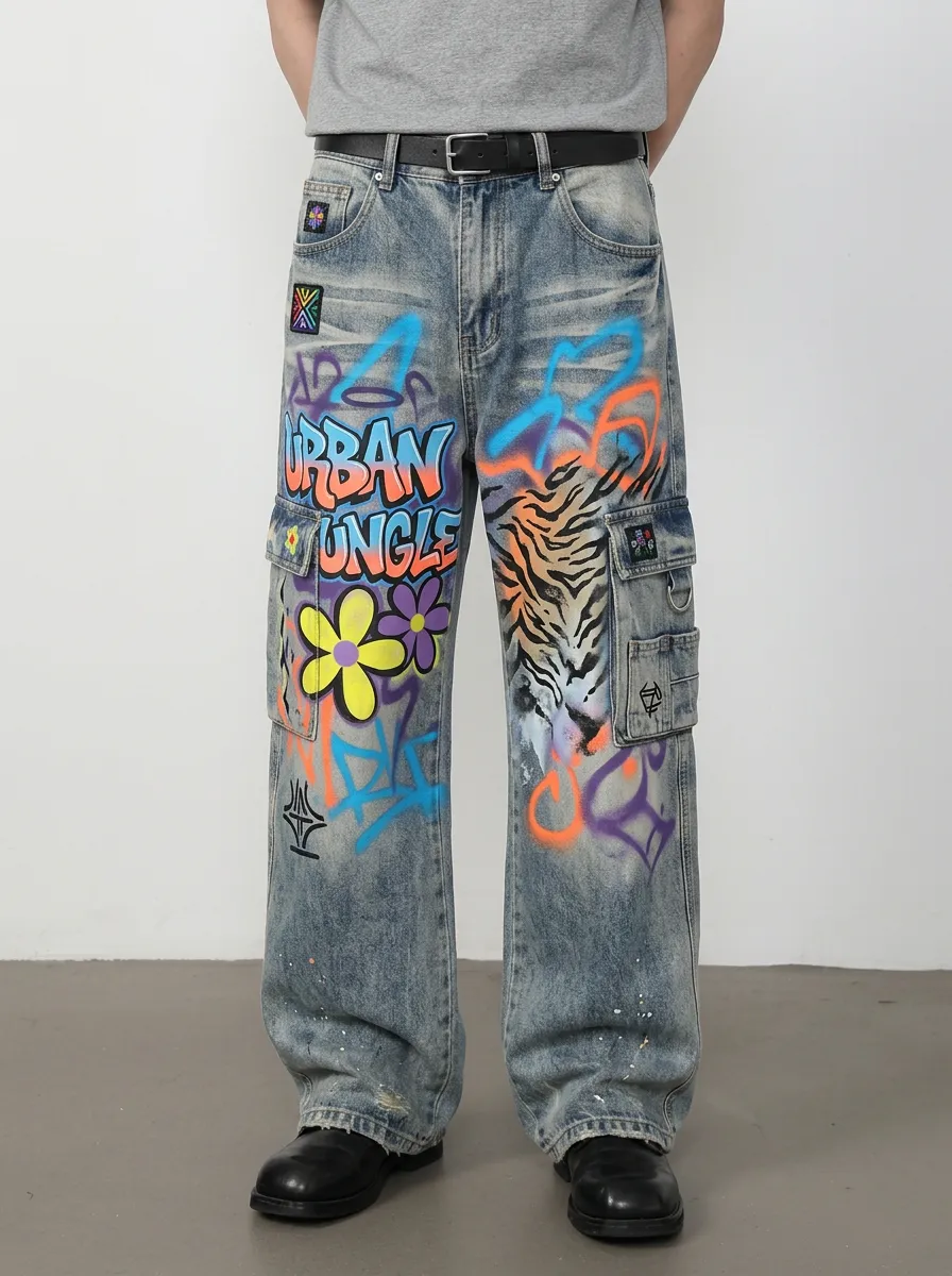 Men's Streetwear Urban Jungle Tiger Flower Graffiti Graphic Cargo Jeans