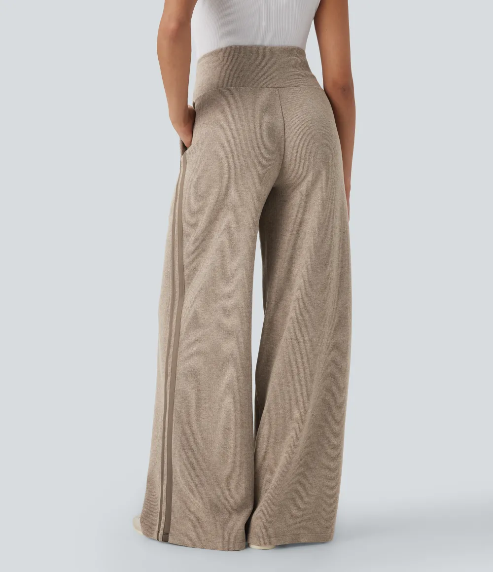 2026🔥  Ribbed SoCinched High Waisted Tummy Control Drawstring Wide Leg Color Block Casual Trousers with Pockets