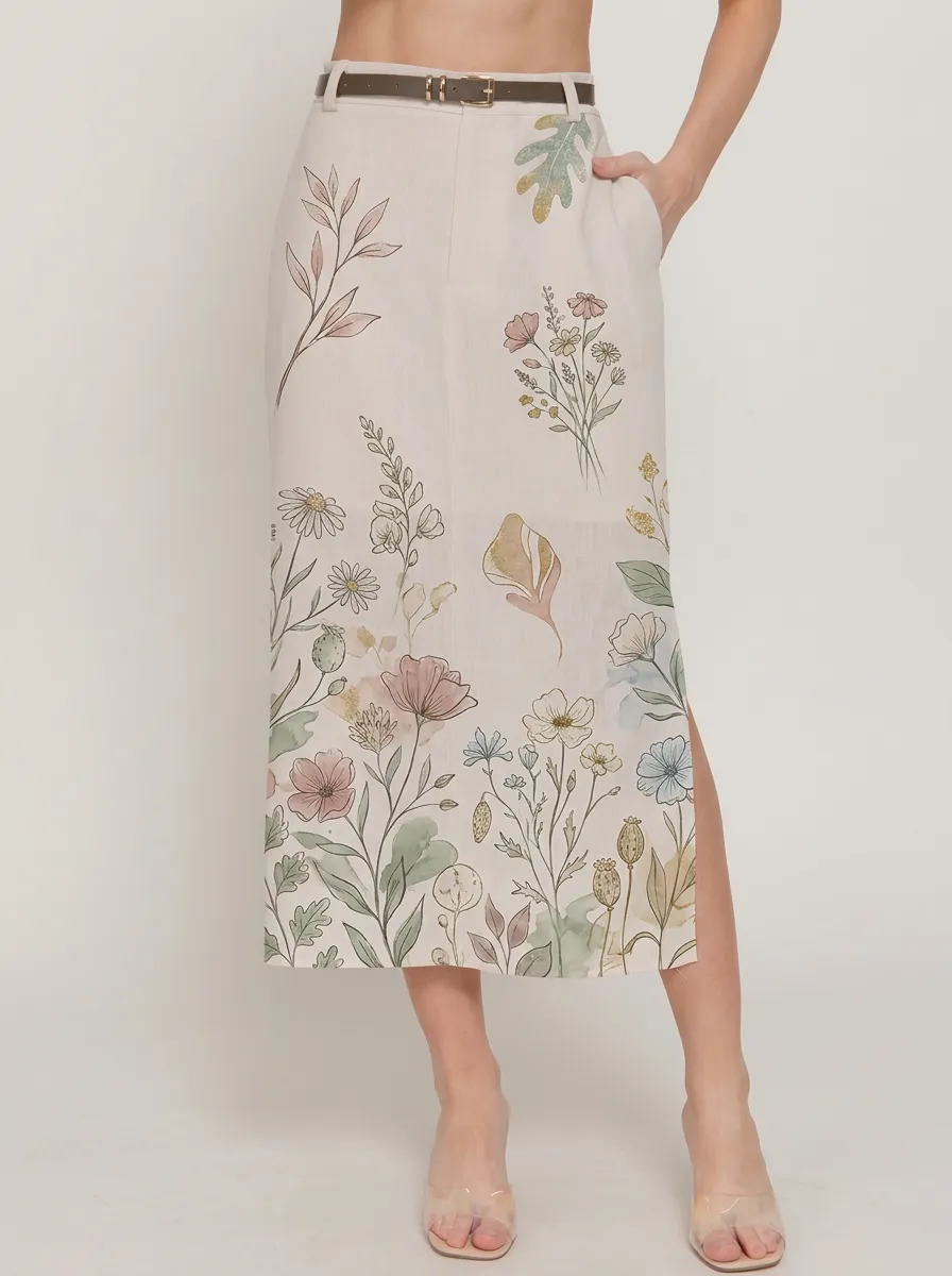 Women's Botanical Garden Wildflower Printed Midi Skirt
