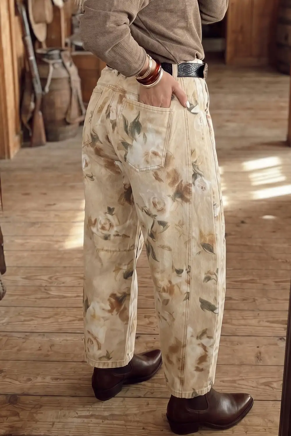 Women's Retro Floral Print Relaxed Barrel Jeans