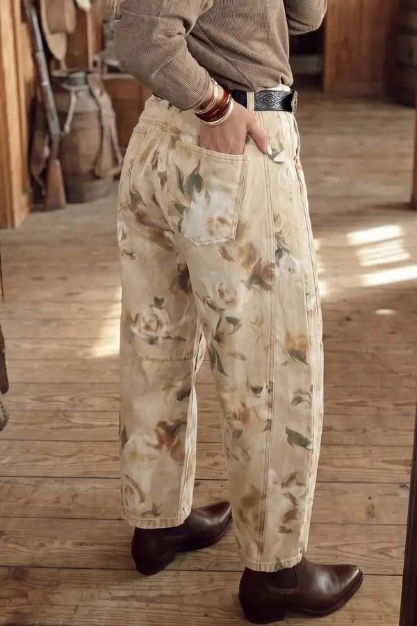 Women's Retro Floral Print Relaxed Barrel Jeans