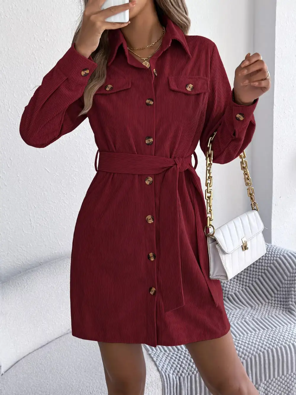 Structured Shape Corduroy Button Front Shirt Dress