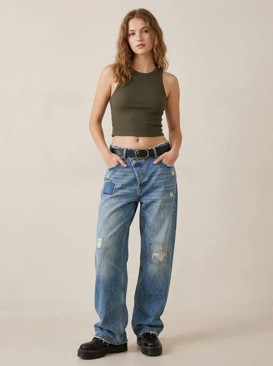 Women's Casual Fashion Distressed Patchwork Asymmetric Waist Printed Jeans